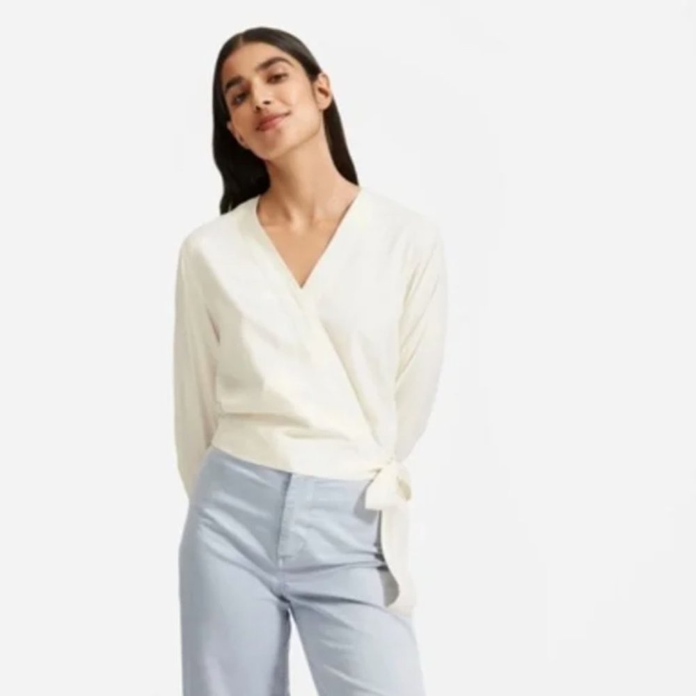 NWT Everlane 100% Washable Silk White Wrap Top 6 M